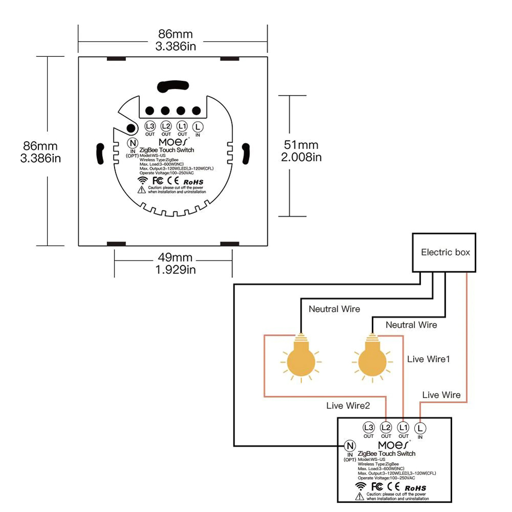 MOES Gang Smart Switch Sensor w/o grounding ZS-EU2, Zigbee, 100-240 В Белый