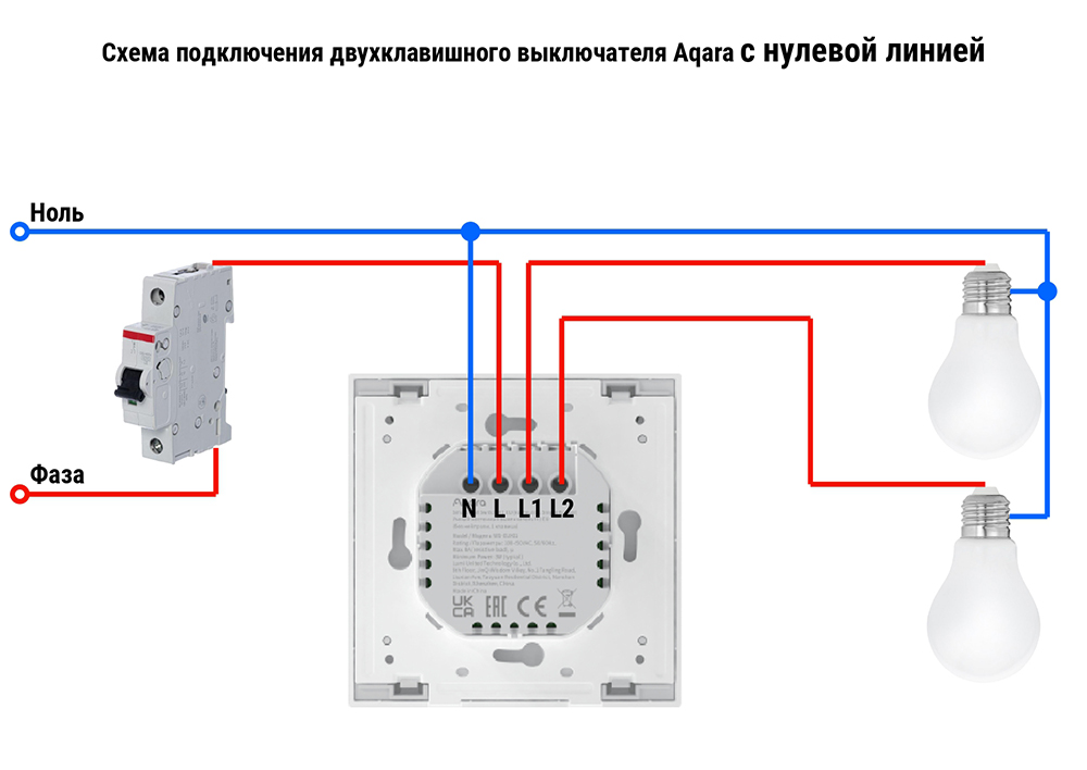 Aqara Smart Wall Switch H1 EU настенный двухклавишный Белый (WS-EUK02)