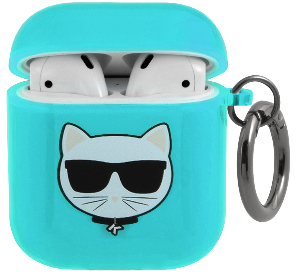 Karl Lagerfeld для Airpods 2 чехол TPU FLUO with ring Choupette Transp Голубой