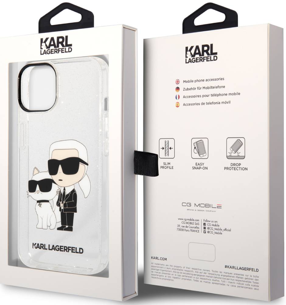 Karl Lagerfeld для iPhone 15 Iml Glitter Black Outline Case Nft Karl & Choupette Прозрачный (KLHCP15SHNKCTGT)