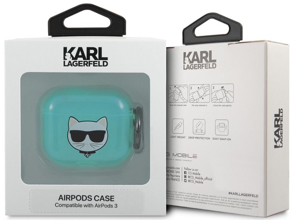 Karl Lagerfeld для Airpods 3 чехол TPU FLUO with ring Choupette Transp Голубой