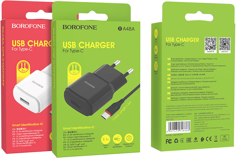 Borofone BA48A Orion 1xUSB2.1А дата-кабель Type-C 1м Black