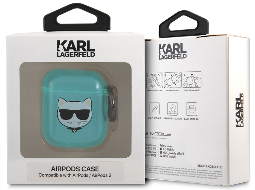Karl Lagerfeld для Airpods 2 чехол TPU FLUO with ring Choupette Transp Голубой